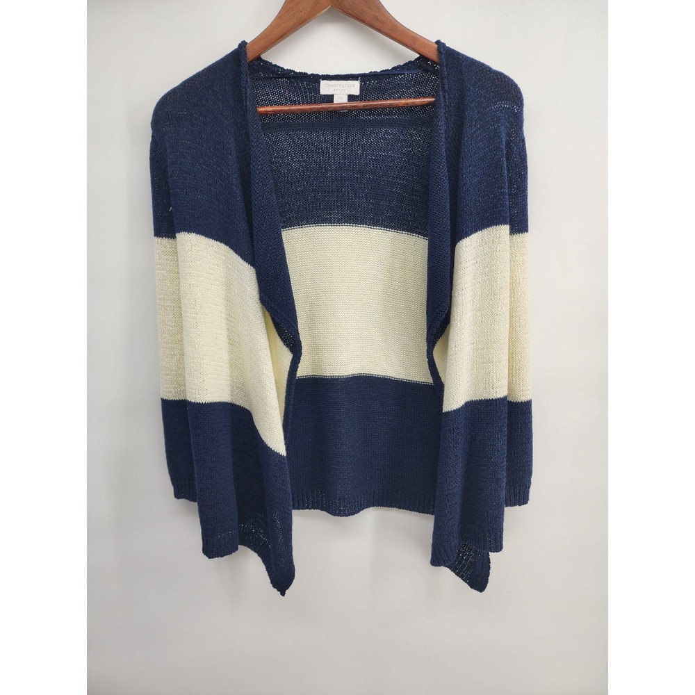 Charter Club Petite Navy Blue White Striped Open Front Cardigan Sweater P/P‎